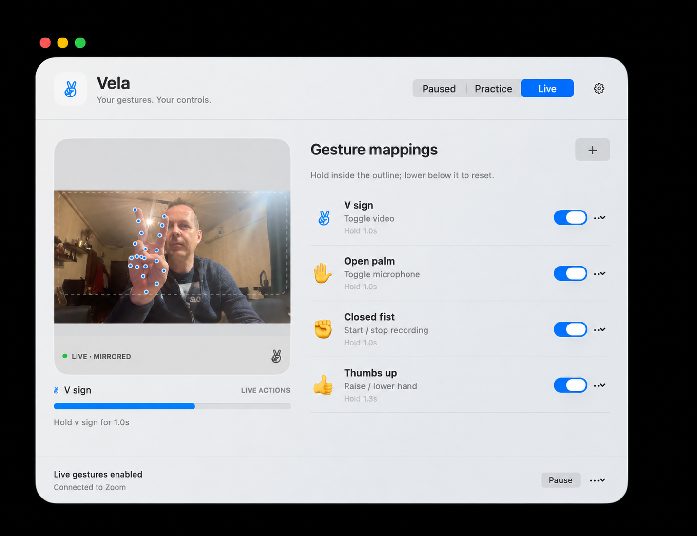 Vela macOS gesture interface showing Stefan on camera and four gesture mappings